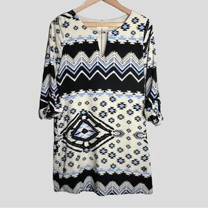 Everly Southwestern Shift Dress Key Hole Cutout Neck Aztec Casual Women’s Size M